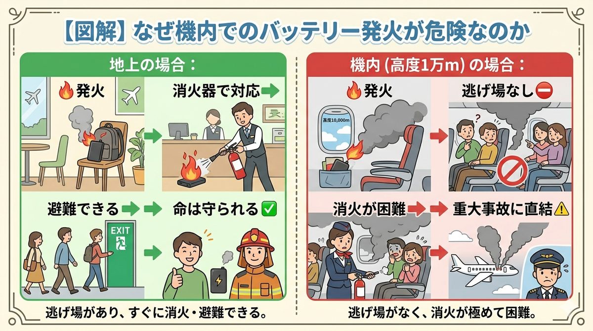 図解①なぜ機内でのバッテリー発火が危険なのか