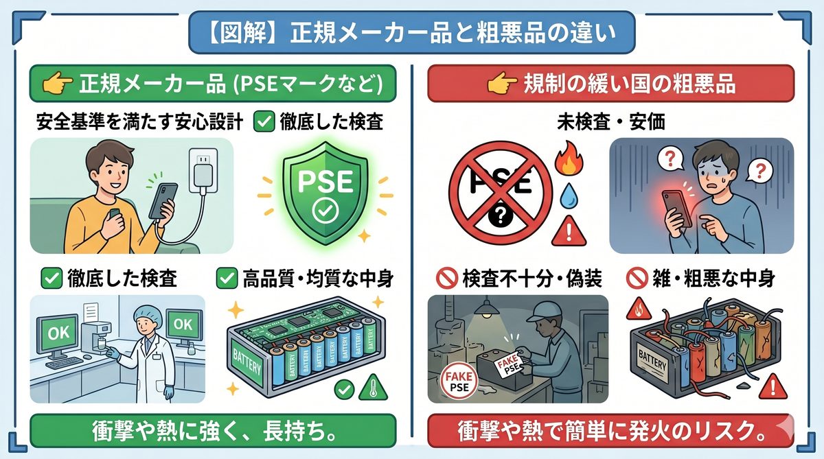 図解 正規メーカー品と粗悪品の違い（PSEマーク）