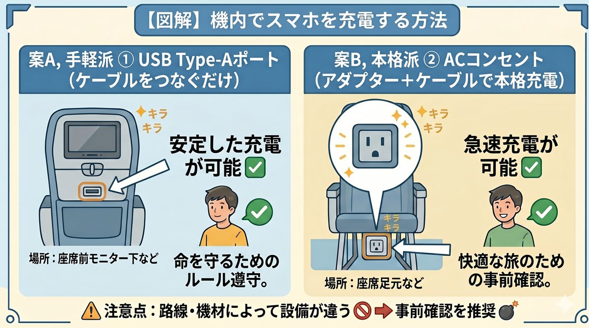 図解 機内でスマホを充電する方法（USB Type-AポートとACコンセント）