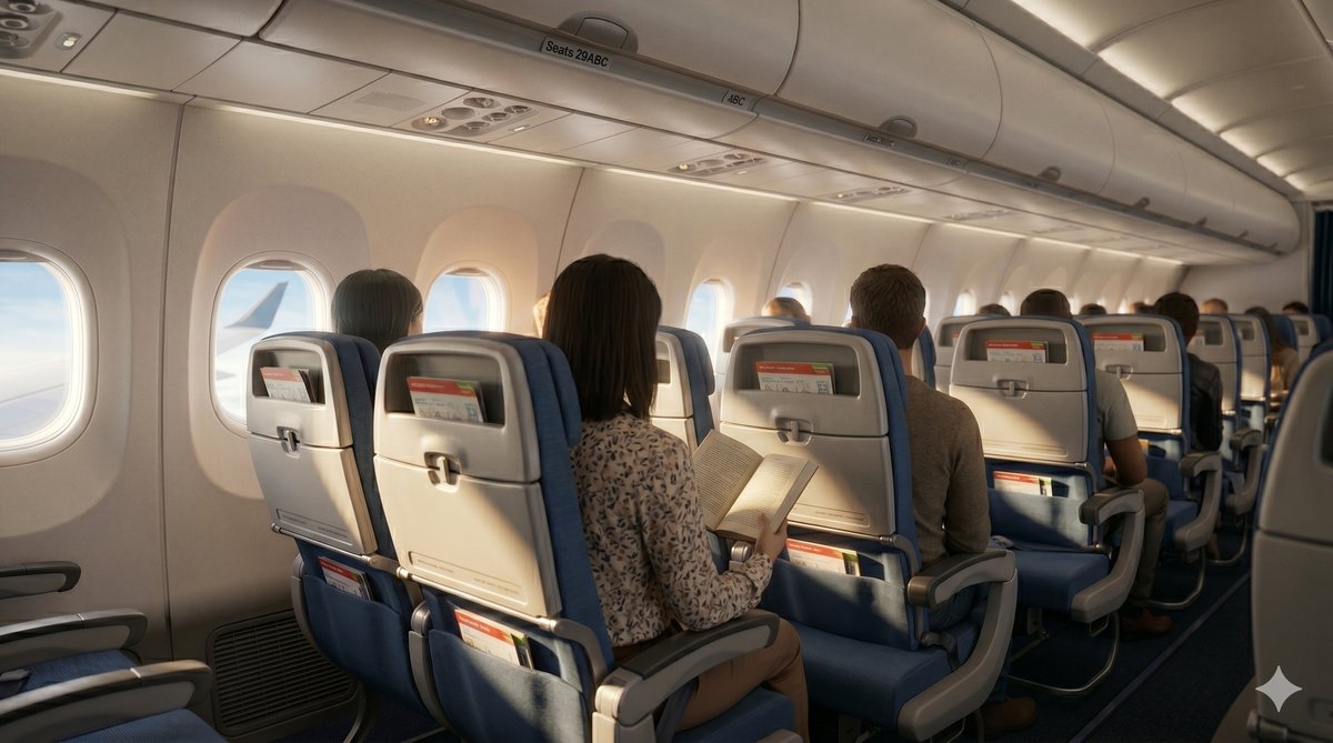 飛行機エコノミークラスの機内の様子