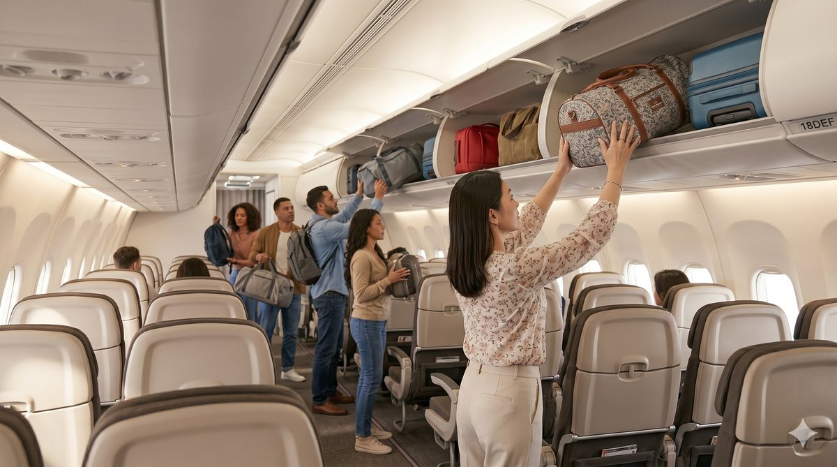 機内の頭上収納棚に荷物を入れる乗客