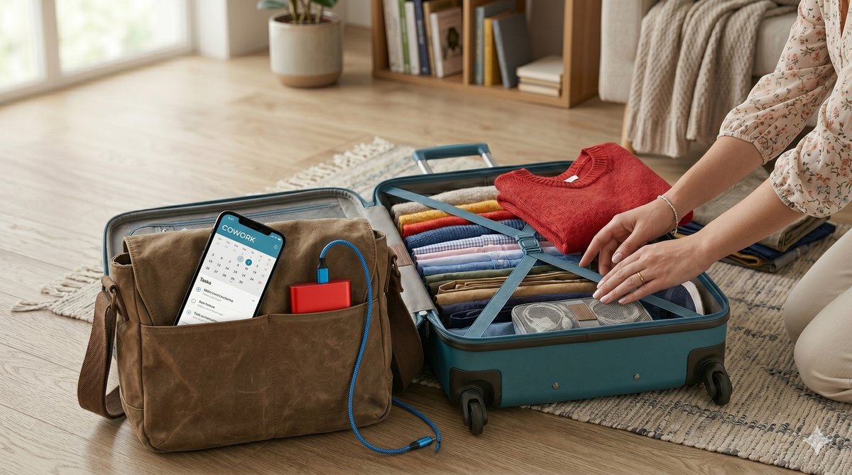 スーツケースにモバイルバッテリーとスマホを詰める荷造りの様子