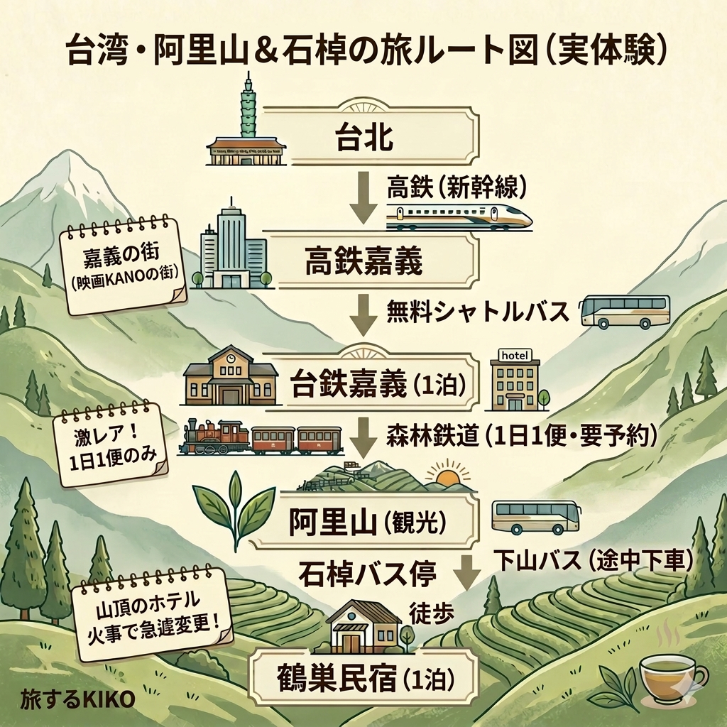 台湾・阿里山＆石棹の旅ルート図（実体験）