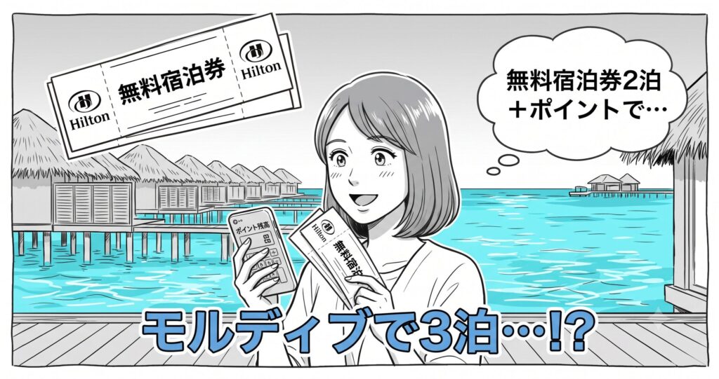 無料宿泊券2枚とポイント残高を手に、モルディブの水上ヴィラを背景に「モルディブで3泊…!?」と驚く女性のイラスト
