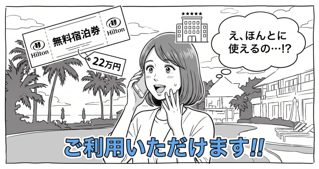 タイの高級ホテルに無料宿泊券が使えるかヒルトンに問い合わせ、「ご利用いただけます」と回答をもらって驚く女性のイラスト