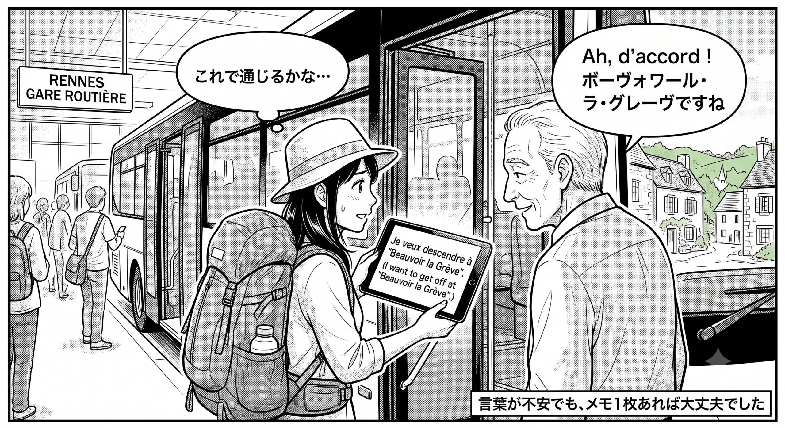 レンヌのバス乗車口で、iPad画面に表示した仏英2行のメモを運転手に見せる場面のイラスト