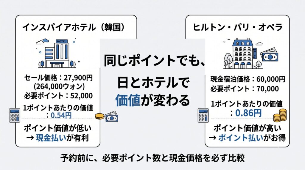 インスパイアホテル(韓国)は1ポイントの価値が0.54円で現金が有利、ヒルトン・パリ・オペラは0.86円でポイントがお得、と見比べる図解