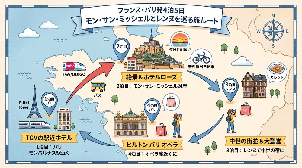 パリ発4泊5日、モン・サン・ミッシェルとレンヌを巡る旅ルートの地図イラスト