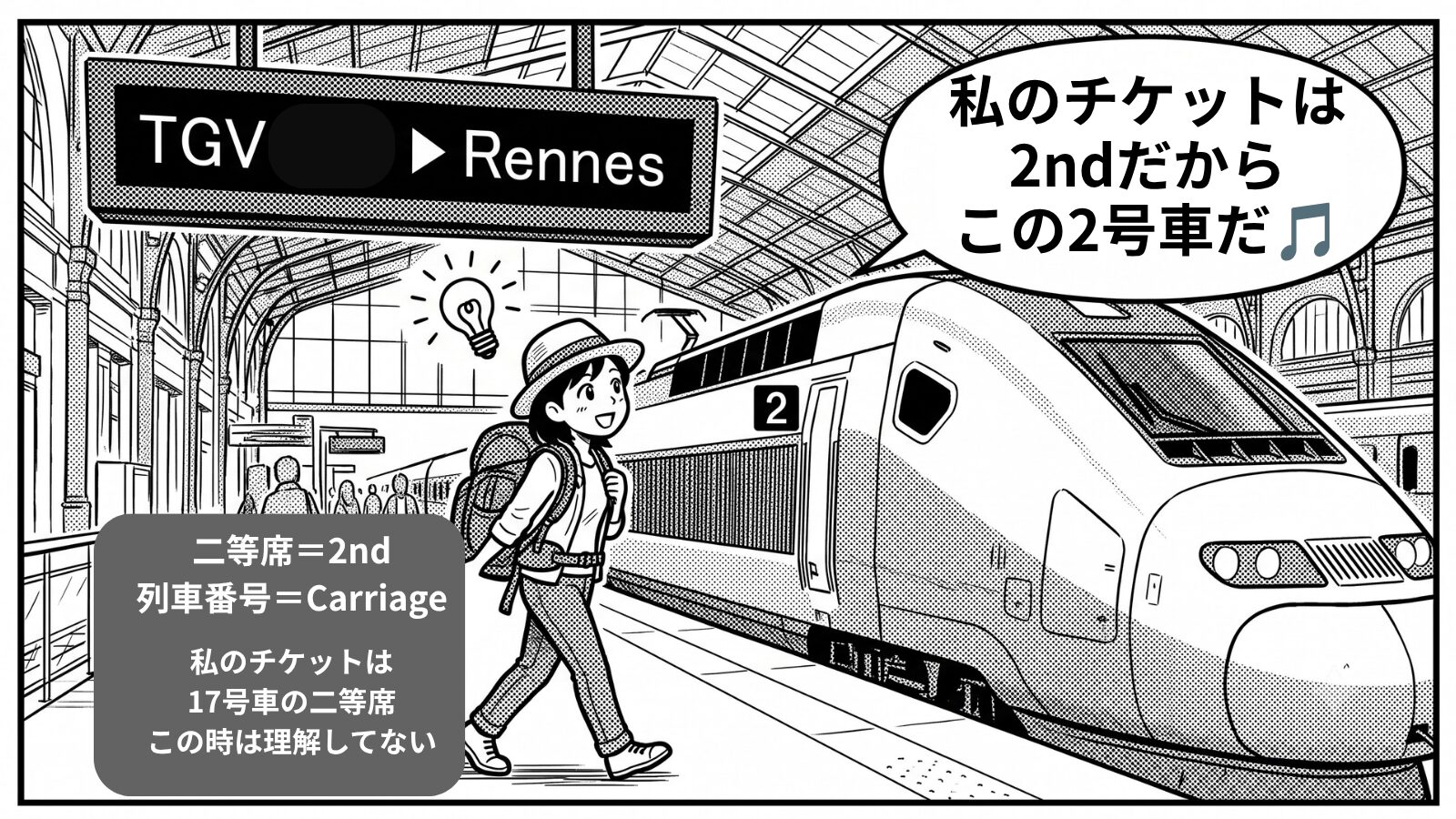 乗車券に大きく書かれた「2」を号車番号と勘違いし、2号車に向かう主人公