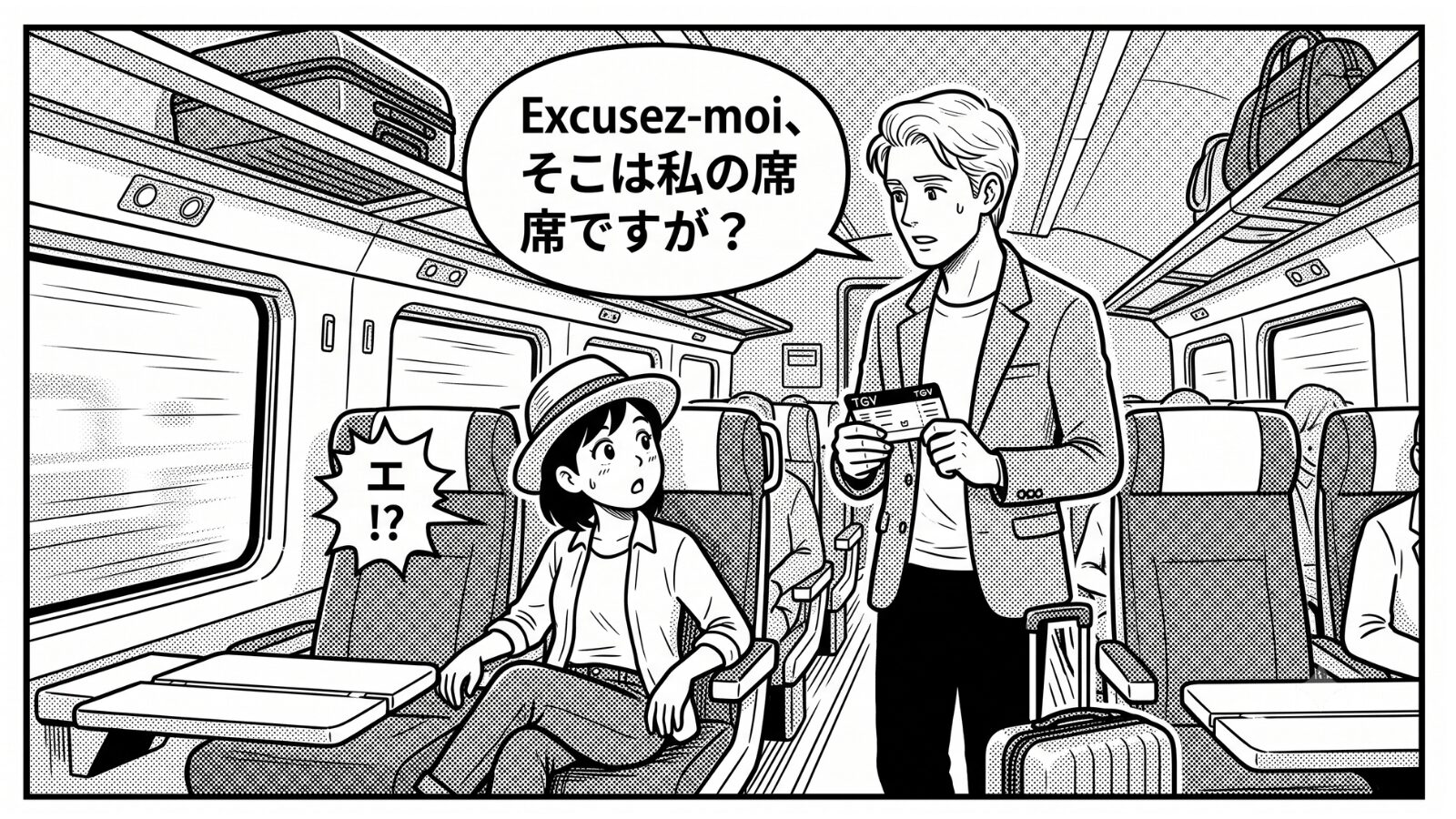 本来の乗客に「そこは私の席です」と指摘され、乗車券を見直すと小さく「Carriage 17」と書かれていることに気づく主人公