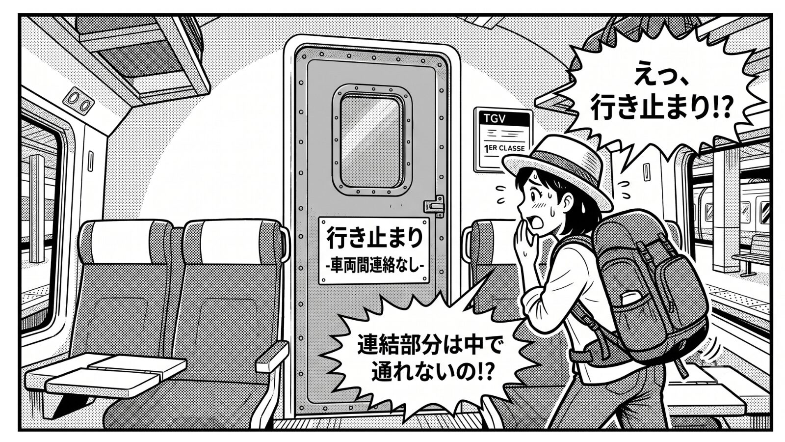 17号車を探して車内を走るが、連結部分が行き止まりで隣の編成に進めないと分かる場面