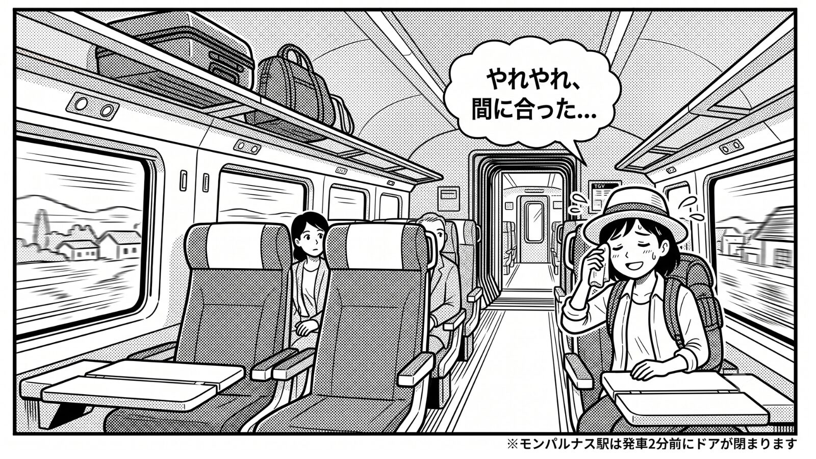 発車ギリギリで17号車の自分の席にたどり着き、ホッと一息つく主人公