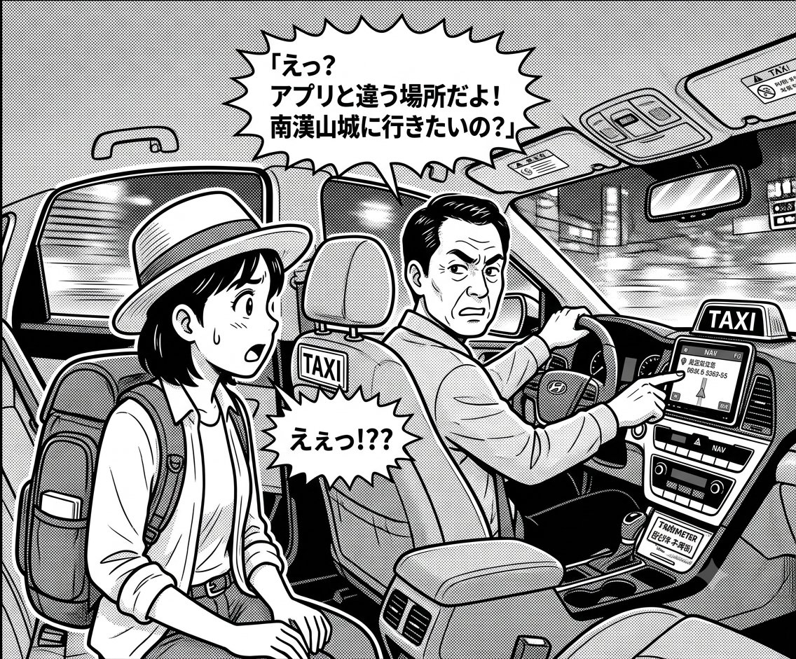 タクシーの運転手さんに市外走行のルールを説明される場面