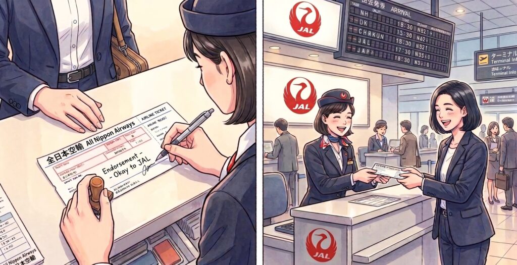ANAの航空券をJALカウンターへ持参した当時の手続きのイメージ