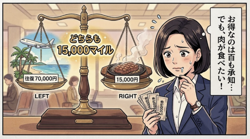 沖縄往復航空券と日航ホテルの鉄板焼きを天秤にかける女性のイラスト