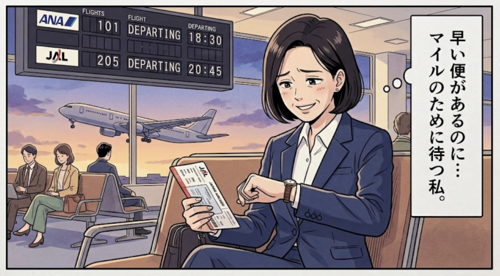 早いANA便を見送りJALのマイルを計算しながら待つ女性のイラスト