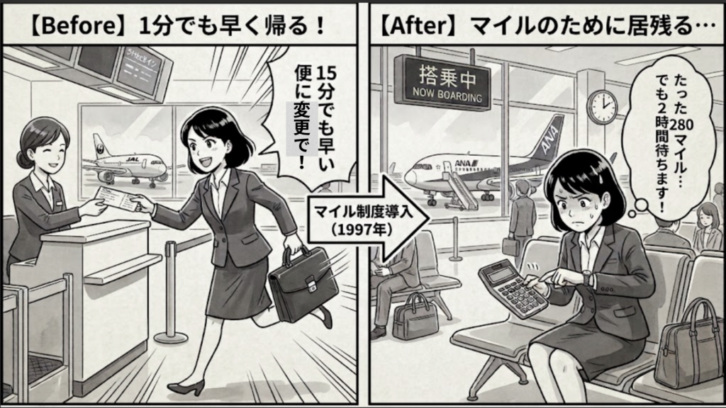 早い便を選んでいた頃とマイルを優先するようになった頃の対比