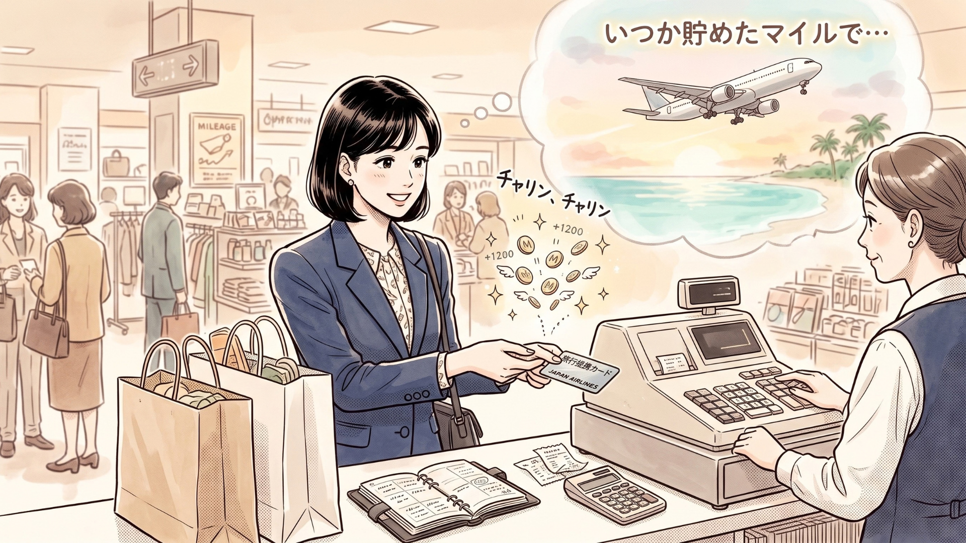 国内線搭乗マイルが始まる前、買い物でJALマイルを貯めて海外旅行を思い描く女性