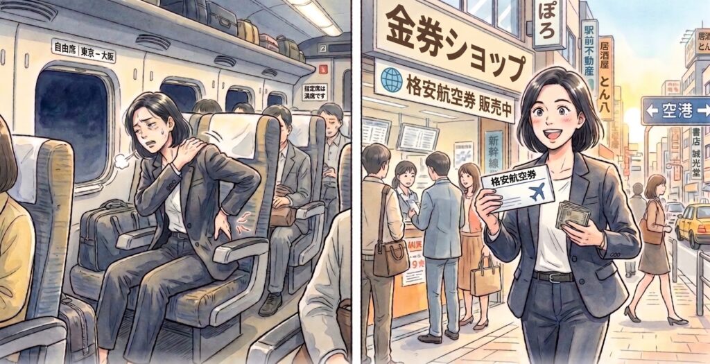 新幹線と飛行機で東京・大阪間を移動していた時代のイメージ