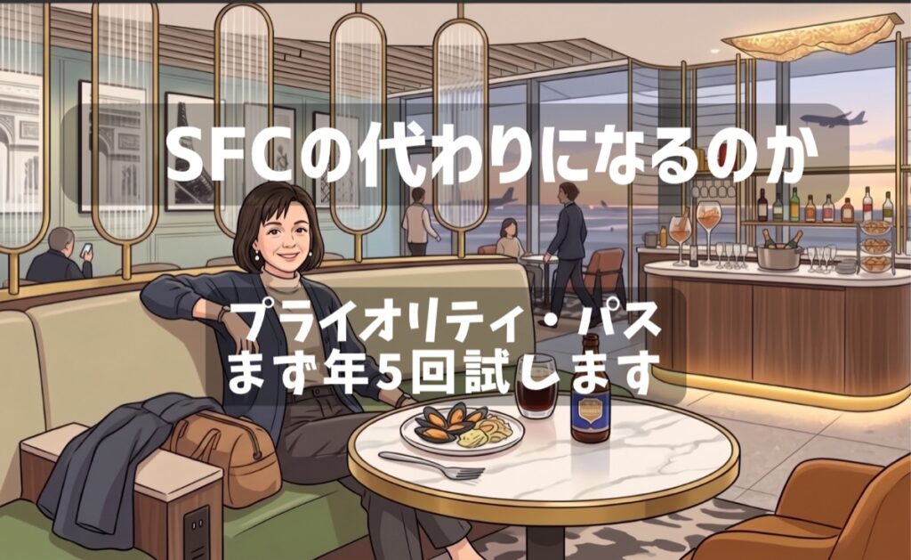 空港ラウンジのソファでくつろぐ女性。SFC歴25年の私がプライオリティ・パスを試す記事のアイキャッチ