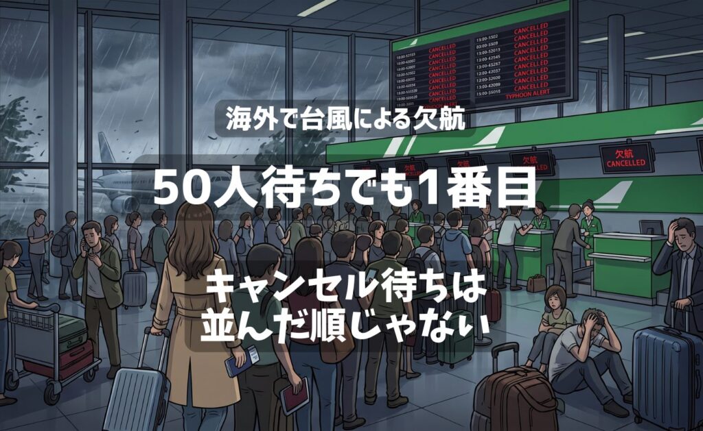 台風で欠航した空港とキャンセル待ちの行列のイラスト
