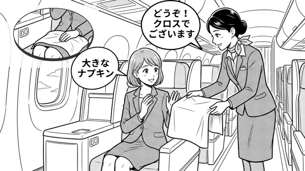 初めてのビジネスクラスでテーブルクロスをナプキンと間違える漫画