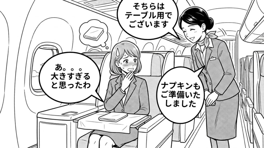 CAさんにテーブル用だと教えられて赤面する漫画