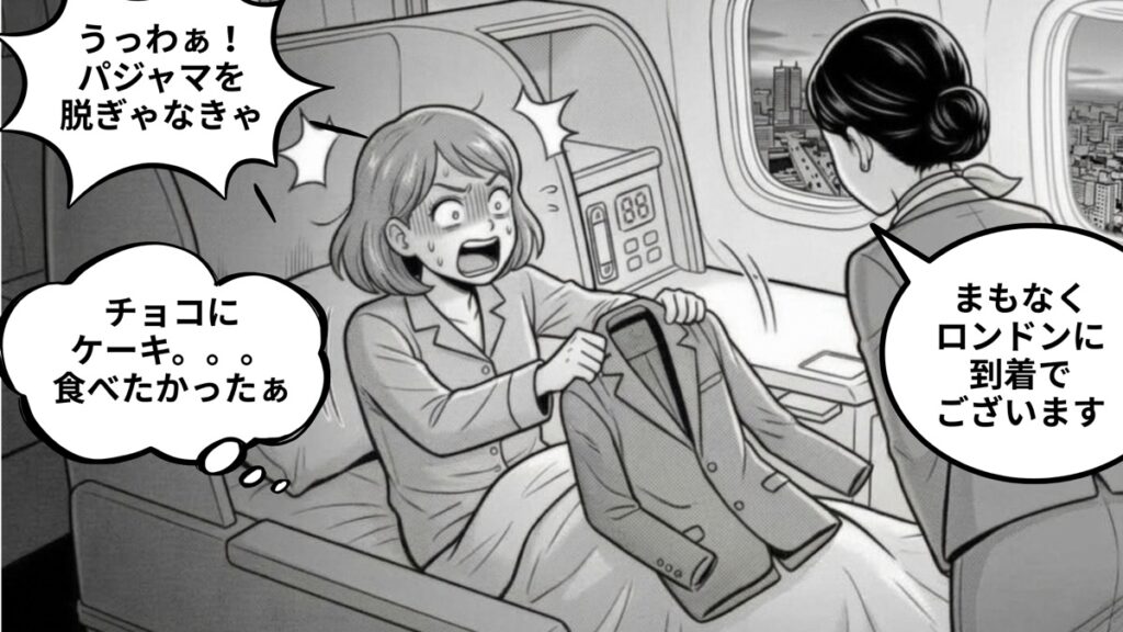 ロンドン到着のアナウンスでパジャマのまま慌てる漫画
