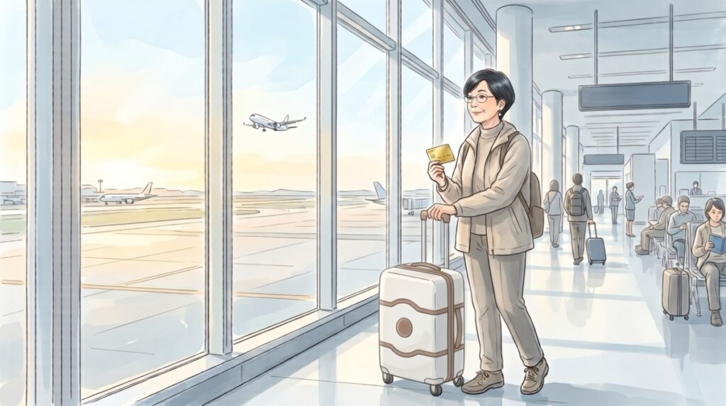 空港でSFCゴールドカードを手にこれからの旅を見つめる女性