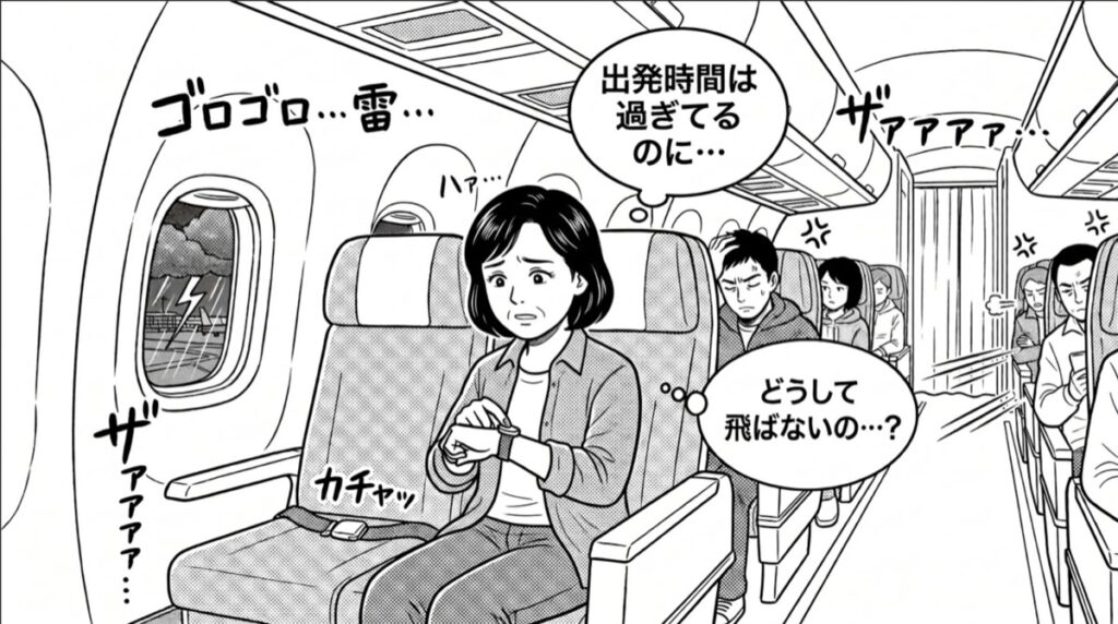 雷雨で出発できず機内で待つ様子