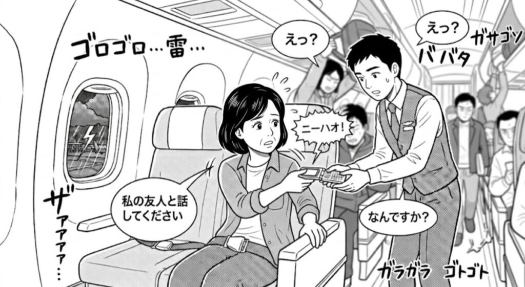携帯電話をCAに渡し日本の知人と話してもらう様子