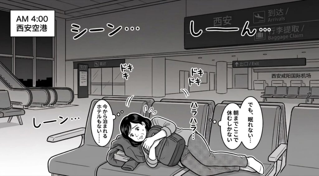 早朝4時の西安空港で荷物を抱えて横になる様子