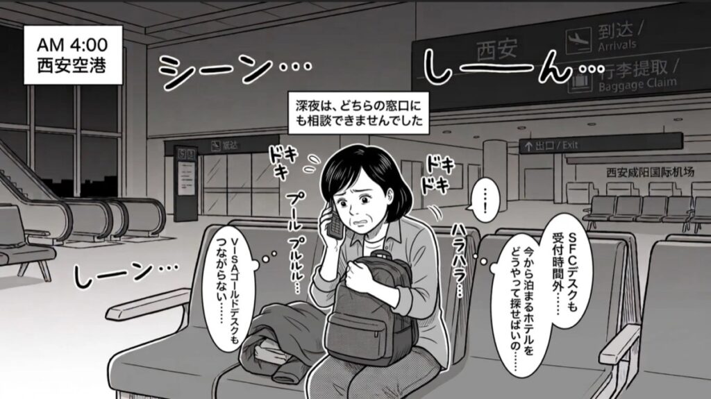 深夜の西安空港からSFCデスクとVISAゴールドデスクへ電話する様子
