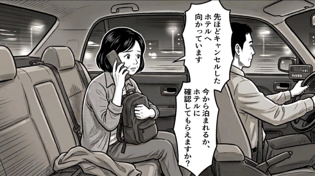 ホテルへ向かう車内から楽天トラベルへ電話する様子
